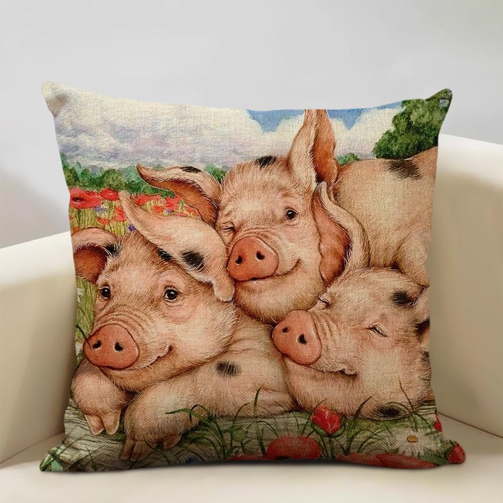 Animal Oil Painting Cushion Cover Home Sofa Decoration Pillow Case Cute Pig Pattern Pillowcase 45x45cm Linen Living Room Decor