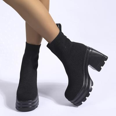 Aphixta Tessuto di Cotone Nero Stivaletti alla Caviglia Traspiranti Donna Tacco Alto Plateau Calzature Scarpe Elastici Stivali Calzino Donna