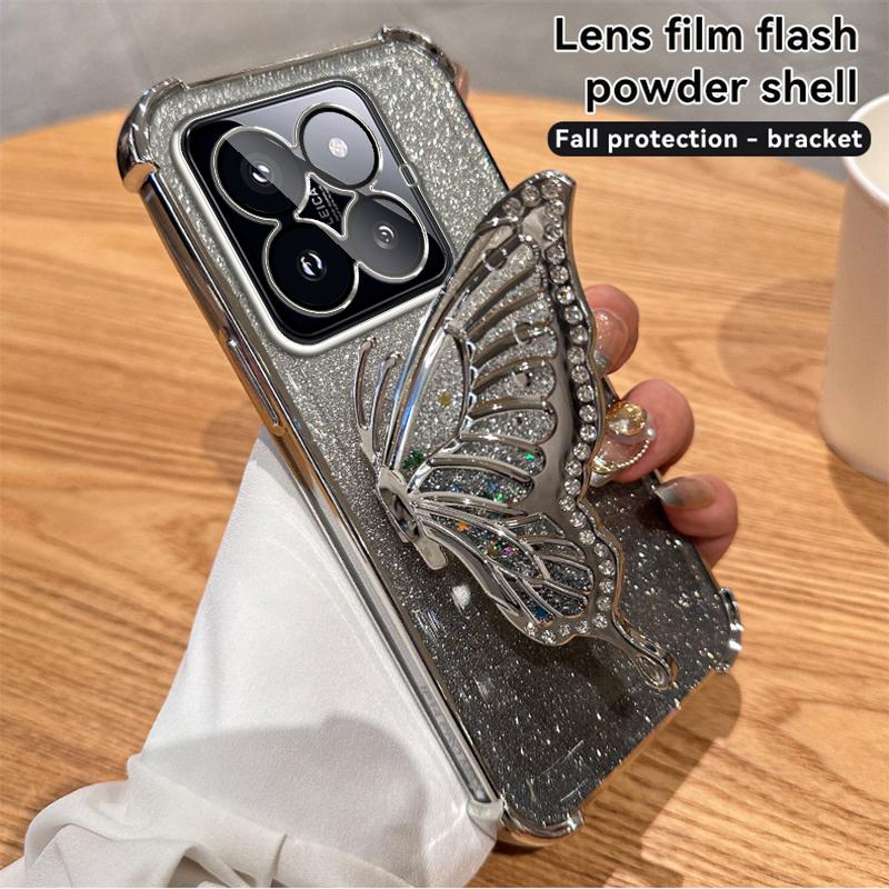 

Glitter Plating Quicksand Butterfly Phone Holder Case for Xiaomi 16 15 14 Ultra 15S 14T 13 12 11 Lite Pro Shockproof Cover Xiaomi 11 Lite серебряный
