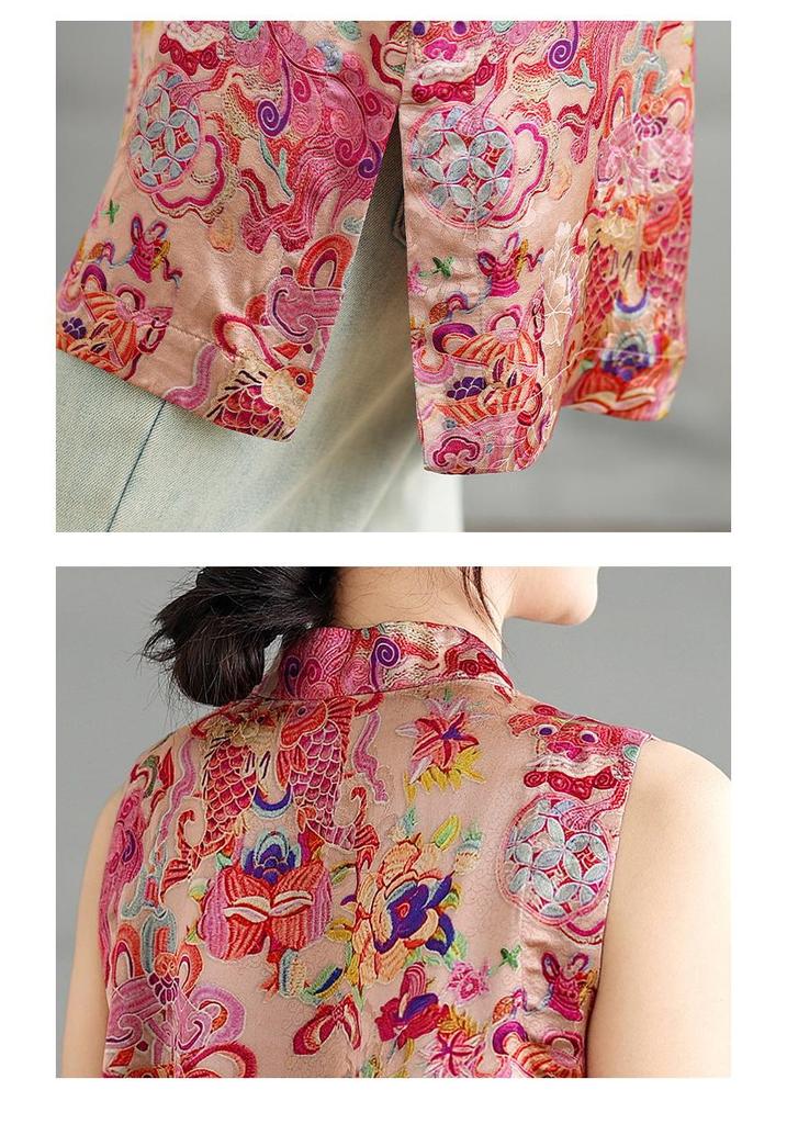 9026 Summer New Chinese Style Sleeveless Jacquard Tencel Vest Top for Women