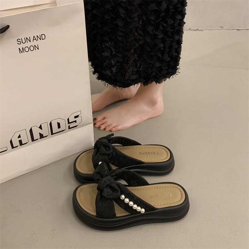Bow Pearl Slippers Women's Summer New Outer Wear One-word Soft-bottom Sandals