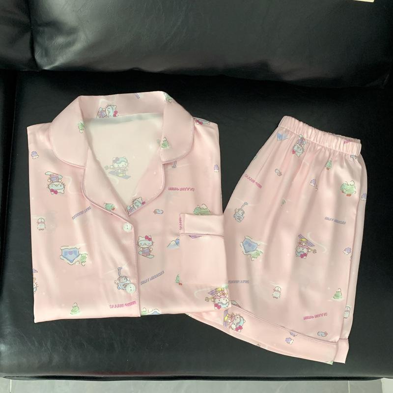 Sweet And Cute Wind Cartoon Ice Silk Pajamas Girl Summer Short-Sleeved Silk Cool Loungewear Suit