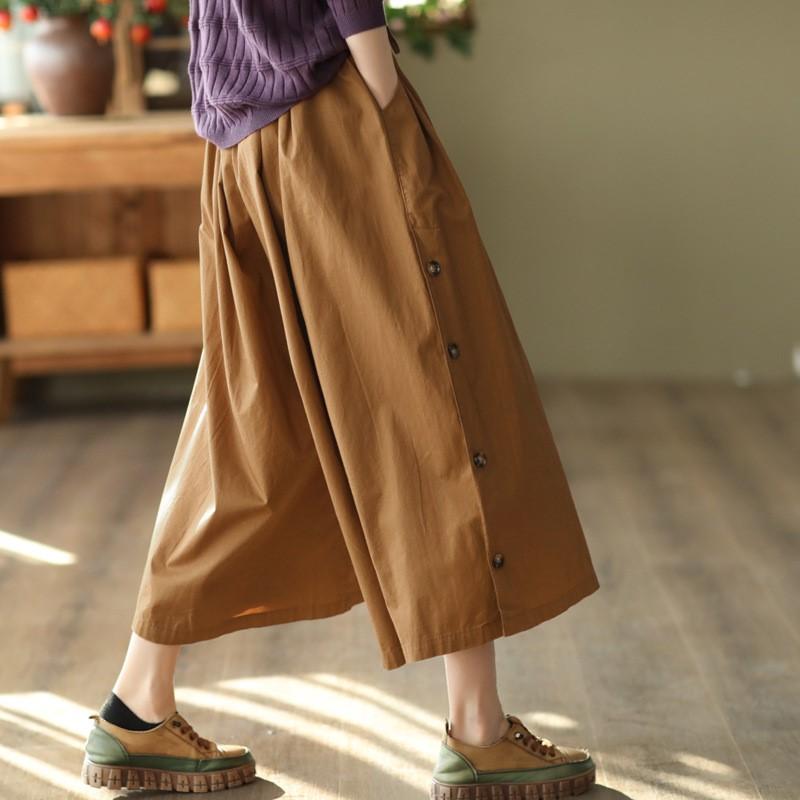 Johnature Women Vintage Loose Spring Wide Leg Pants Elastic Waist Cotton Belt Pockets Trouser Casual Pants