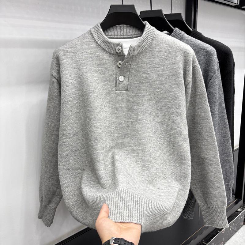 

Men s Retro Henley Collar Sweater: Autumn/Winter Single-Breasted, Solid Color Knit for Casual Style XXL світло-сірий колір