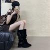 2025 Autumn and Winter Western Skinny Long Knight Boots Khaki High Heel Suede Pile Medium Boots Women's Boots
