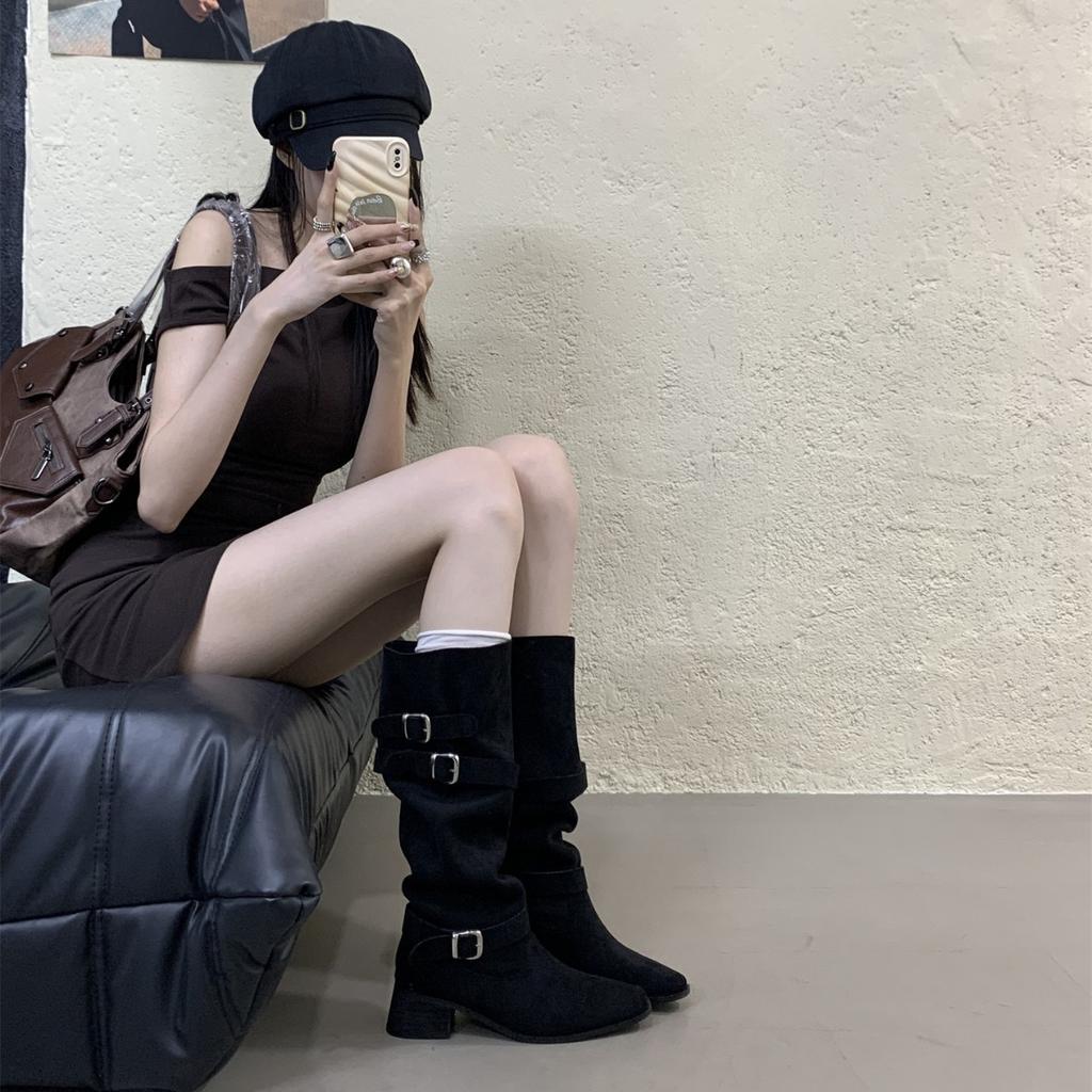 2025 Autumn and Winter Western Skinny Long Knight Boots Khaki High Heel Suede Pile Medium Boots Women's Boots