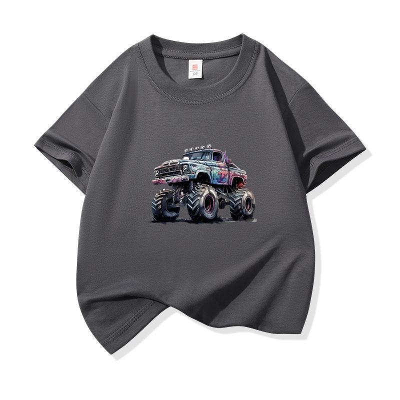 Kids Cotton T Shirt Cool Cartoon Offroad Vehicle Print Crew Neck Short Sleeve Tee Casual Boys Girls Summer Tops