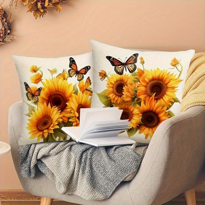 4-teiliges realistisches Sonnenblumen- und Schmetterlings-Kissenbezug-Set, das lebendige Farben in Ihr Zuhause bringt, einseitig bedrucktes Sofa