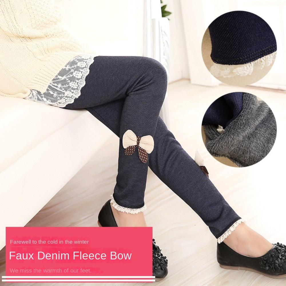 Girls' Cute Bow Denim Leggings with Fleece Lining - Thickened Warm Casual Long Pants Fall/Winter Pants