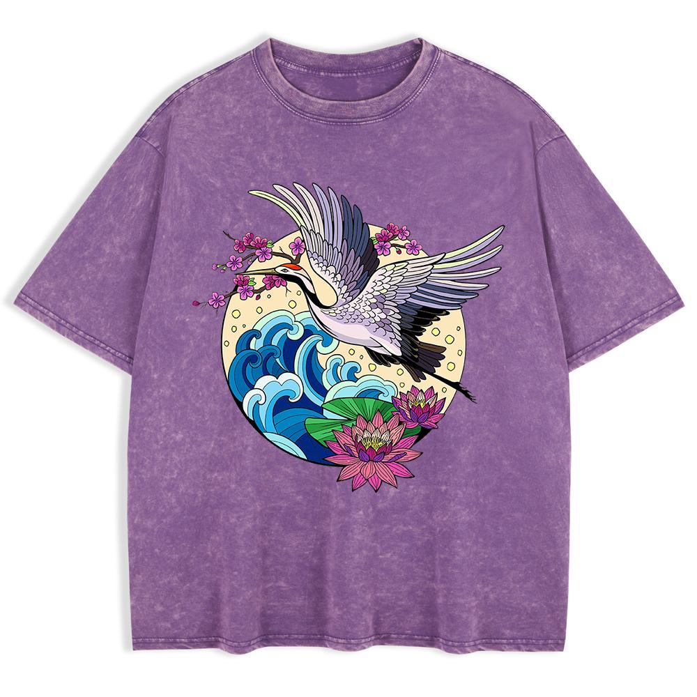 Gru Godono di Fiori Fioriti Magliette Lavate Uomo Cotone Oversize Maglietta Casual Girocollo Manica Corta Top Abbigliamento