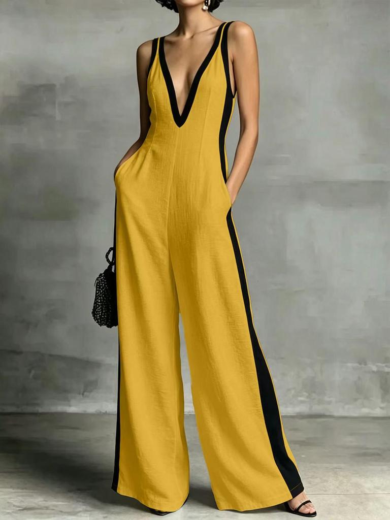 2026 Summer Women's V-neck Sleeveless Color Block Strappy Wide-leg Jumpsuit