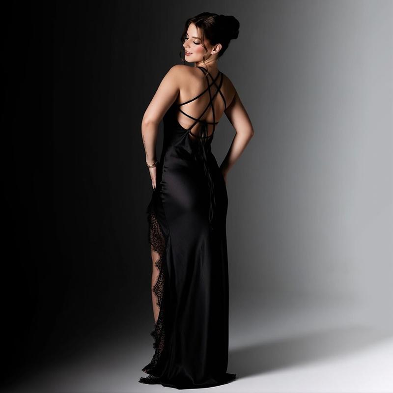 Women's 2026 Summer Satin Dress Black Lace Patchwork Long Dress Elegant Sleeveless Sexy Backless Party Maxi Dresses