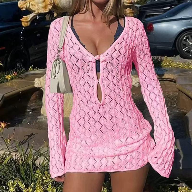 2026 European Summer Sexy Hollow Knit Beach Dress Bikini Cover-up Sun Protection for Women
