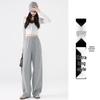 Pantalones de chándal grises de pierna ancha de cintura alta adelgazantes estilo americano para mujer - Primavera Engrosados con Felpa Ajuste Petite