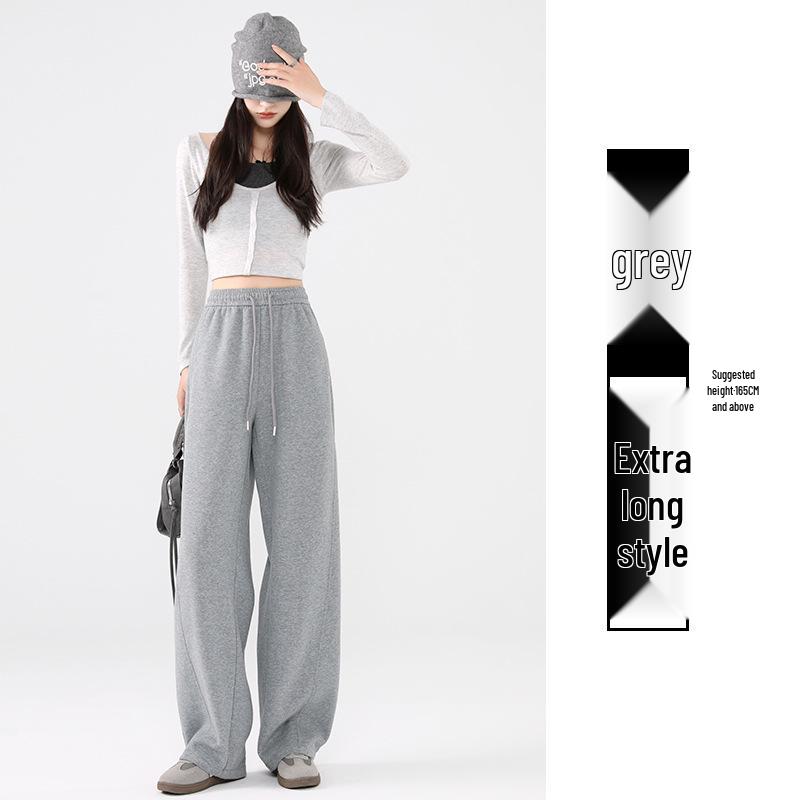 Pantalones de chándal grises de pierna ancha de cintura alta adelgazantes estilo americano para mujer - Primavera Engrosados con Felpa Ajuste Petite