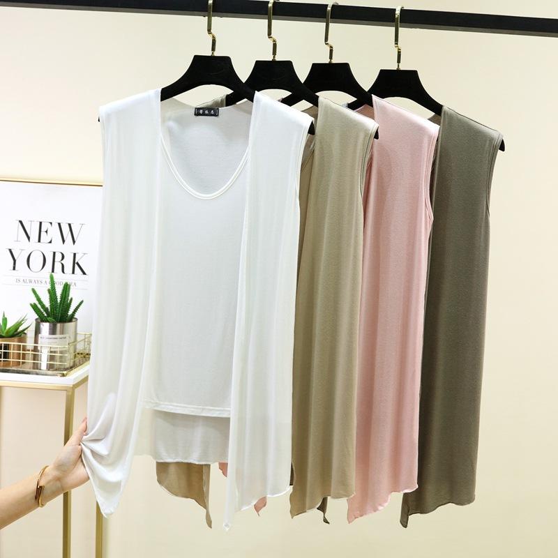 M to 6XL Plu size Women's Faux 2 Piece Tank Top with Cardigan Layered Look Open Front Sleeveless Vest Summer Modal Slim Fit Streetwear Camisole
