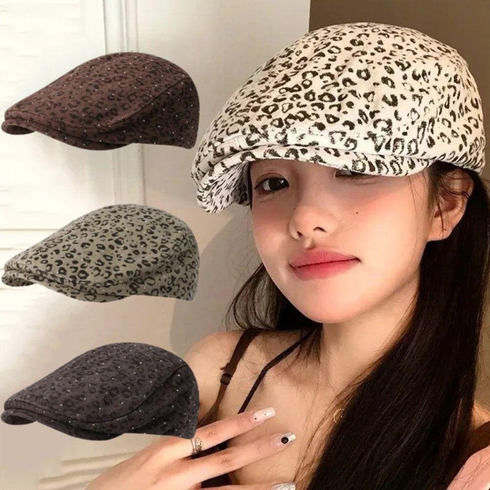 Y2k Leopard Print Beret Rhinestone Leopard Newsboy Cap Fashion Forward Hat  Outdoor