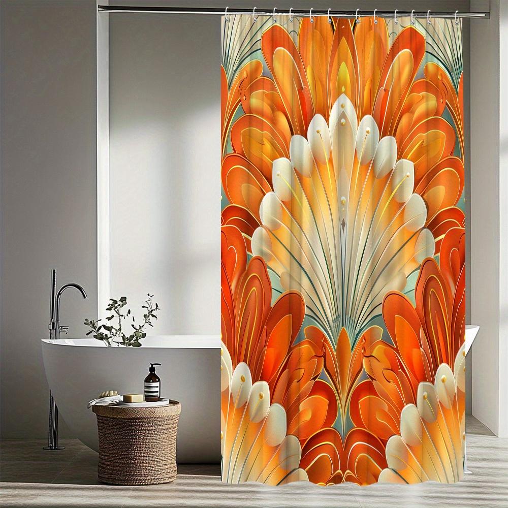 1pc Floral Shower Curtain with Orange and White Flower Pattern, Creative Design Bathroom Decor, Polyester Fabric