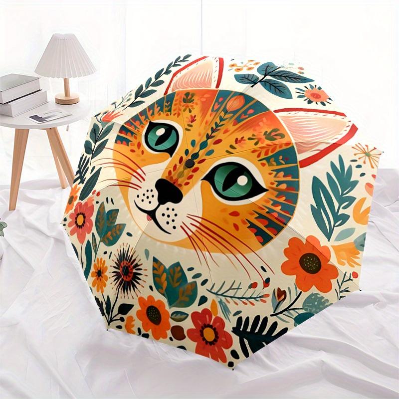 1pc Cat Floral Print Automatic Folding Umbrella, Portable & Foldable Design with 8 Ribs, Casual Outdoor Accessory Halloween and Christmas gi