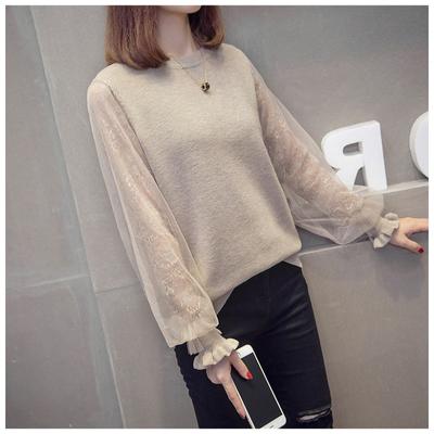 Prendas de punto de primavera y otoño para mujer, prendas de punto holgadas de viento perezoso fuera de la parte superior, suéter empalmado de encaje, camisa de fondo para mujer, tendencia