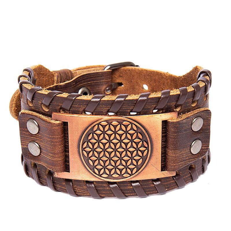 Vintage Viking Leather Bracelet With Compass Pendant Men Handmade Retro Style Adjustable Cuff Band