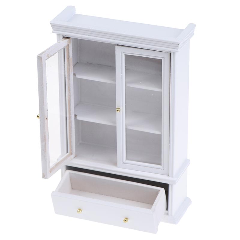 1:12 Dollhouse Miniature White Wooden Double Door Glass Display Cupboard Cabinet Showcase With Drawer Dollhouse Decor