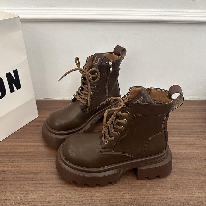 Thick-soled slim Maillard style short boots 2025 autumn new British style round head retro small Martin boots women