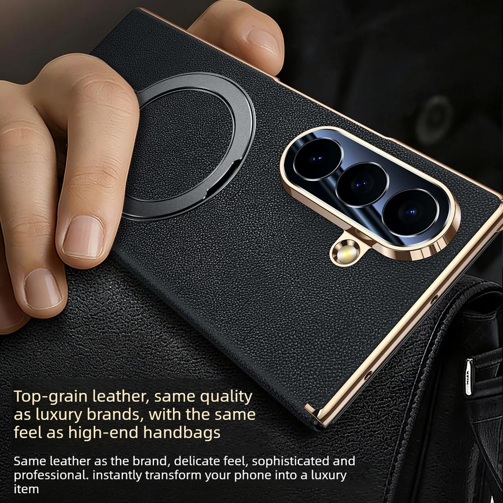 Genuine Leather Magnetic Phone Case for Samsung Galaxy Z Fold 8 ZFold 7 6 5 W26 W24 Smart Window Hinge Protection Bracket Shell