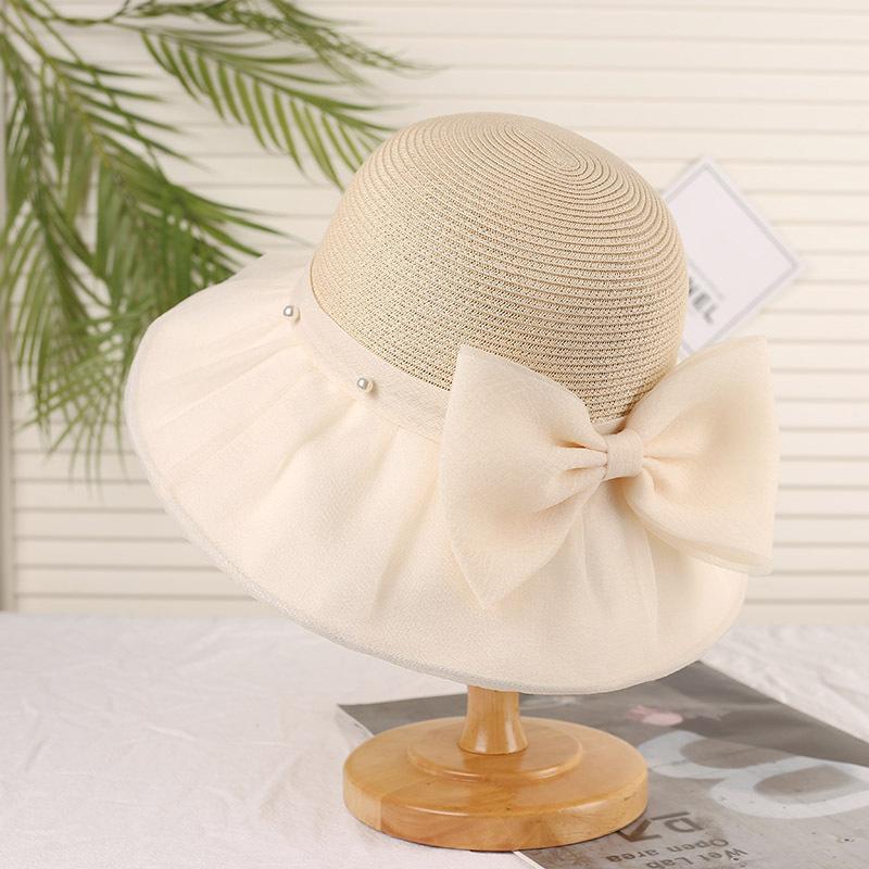 Summer Seaside Sunscreen Straw Hat Women's Big-brimmed Sun Hat Showing Face Small Bucket Hat Pearl Bow Beach Hat