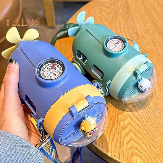 Cartoon Water Bottle with Straw & Strap 550ml Submarine Shape Sippy Cup for Kids Reusable Detachable Silicone Nozzle Water Cup for School Sports