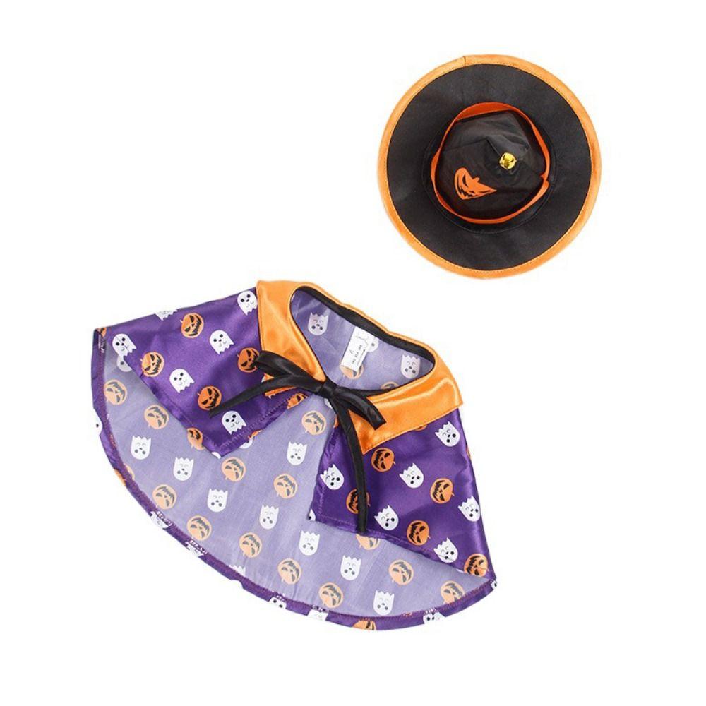 Pumpkin/Ghost Cat Wizard Hat Cloak Set Adjustable Halloween Cat Cape for Dogs Cats