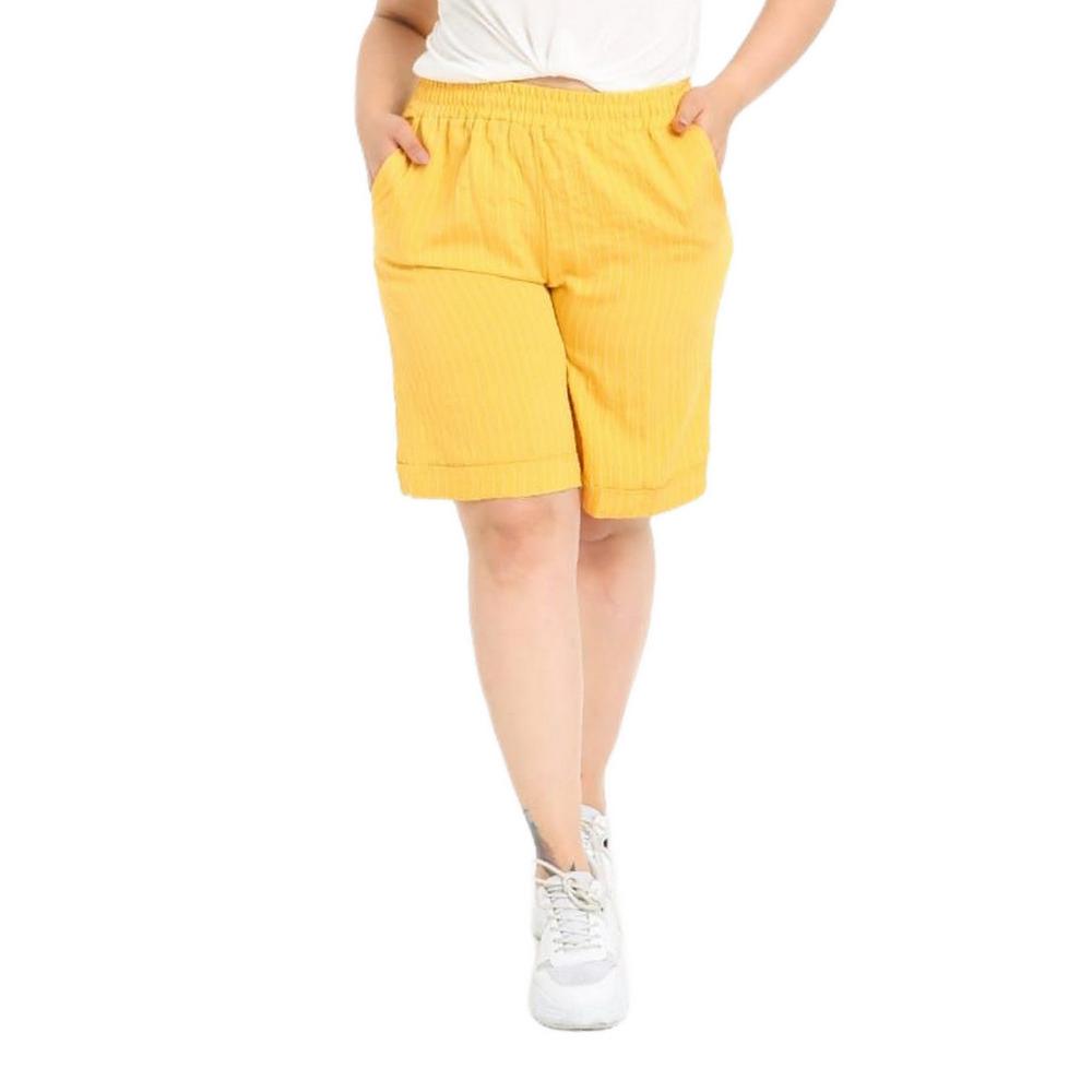 Pantalones cortos Fierte de talla grande para mujer Bk21254 cintura alta  elástica ancha por encima de la rodilla lino bolsillo deportivo a rayas  azul marino negro amarillo comprar a buen precio —