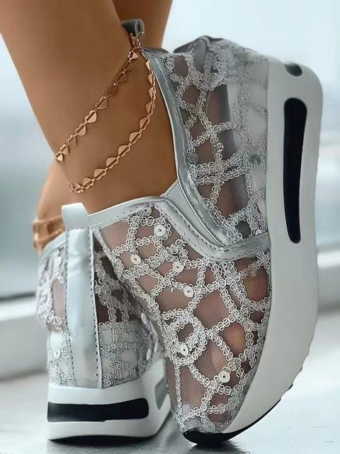 Women's Sneakers Floral Embroidery Mesh Sneakers for Women Slip On Casual Comfy Heeled Shoes Woman