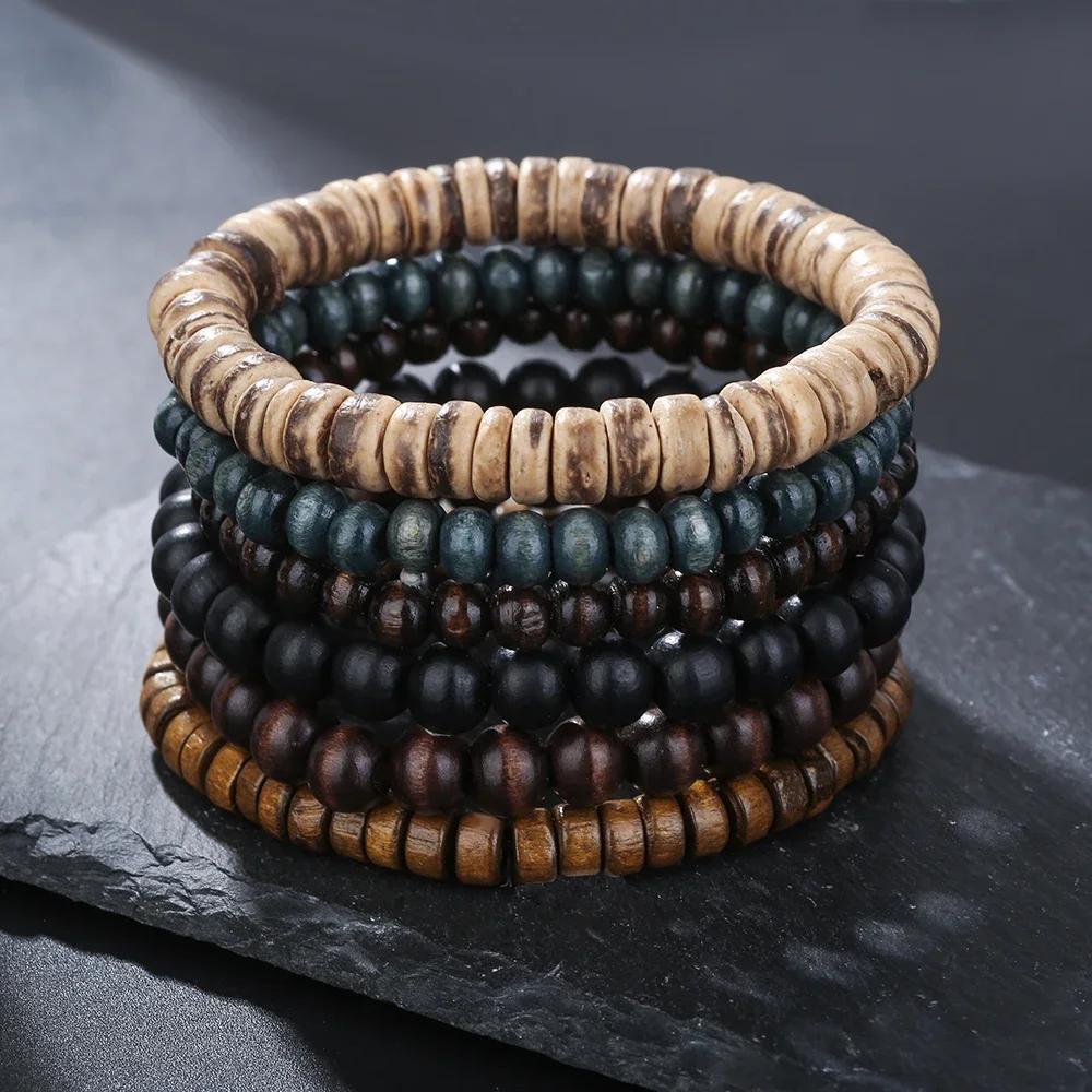 Best-selling Multi-layer Buddha Wood Bead Bracelets Sets Men's Retro Style Multi-layer Elastic Thread Adjustable Wooden Bracelet