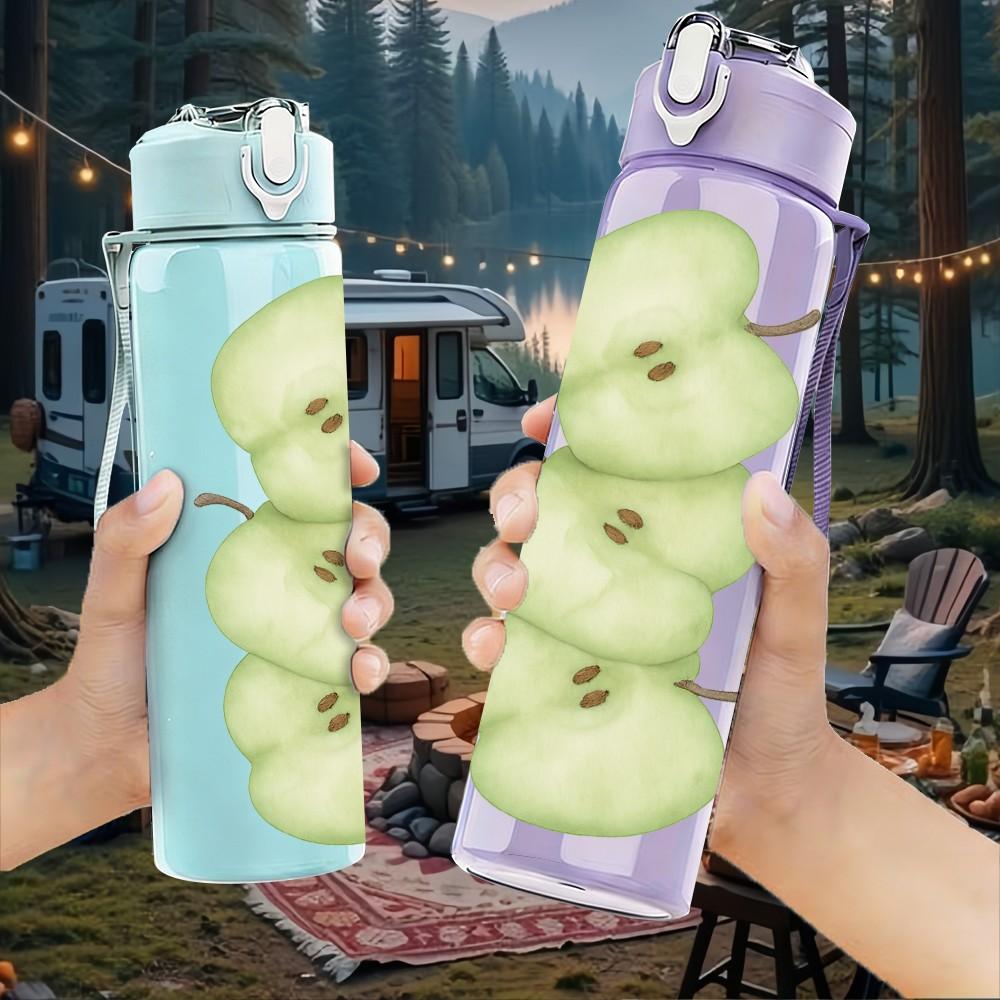 1PC Stacked Green Apple Fruit Print 750ml Color Plastic Sports Water Bottle Leakproof Flip Straw Lid For Sports Office Home Use