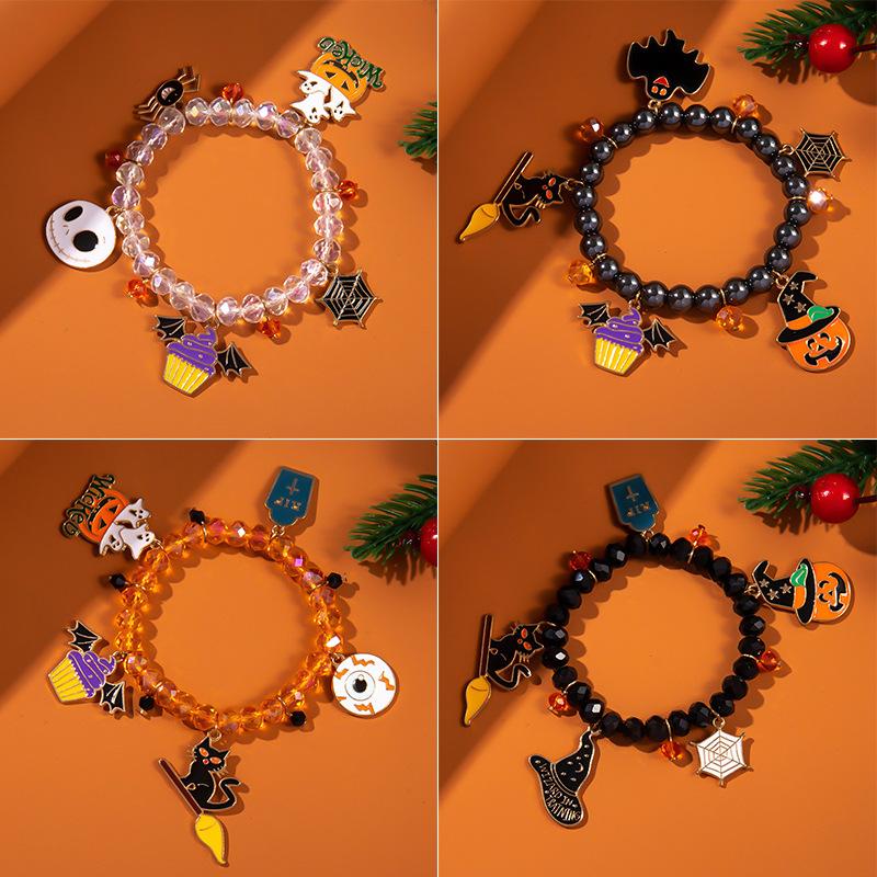 Halloween Beaded Stretch Bracelet for Women Ghost Pumpkin Spider Cat Witch Charm Costume Jewelry