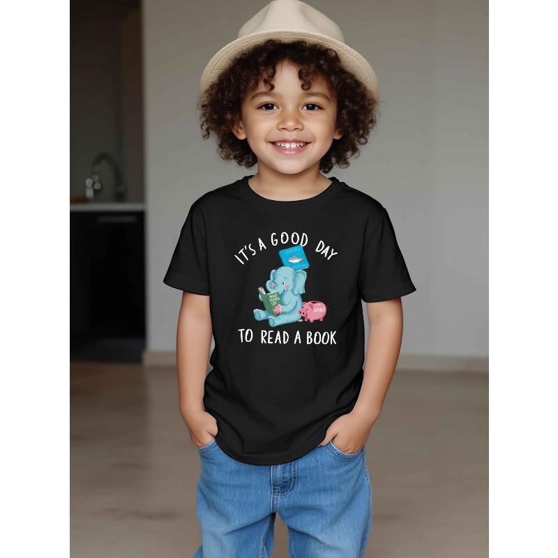 Boys Crewneck Casual Short Sleeve T-Shirt, Cartoon Elephant Reading Book Print, Summer Tops 110