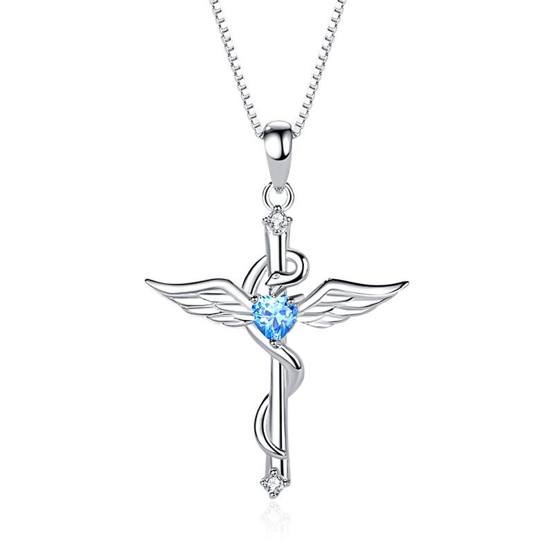 Sterling Silver S925 Cross-Woven Angel Wings Zircon Pendant - Fashion Jewelry