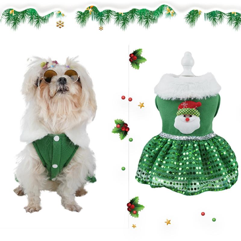 Pet Christmas Dress Elk Santa Print Warm Sequins Skirt Xmas Pet Customes For Small Medium Large Dog