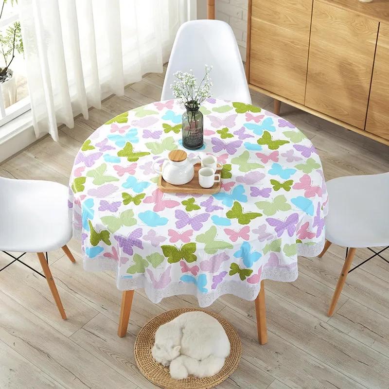 Pvc Hotel Waterproof Tablecloth Printed Oil Resistant Large Circular Table Cloth Hotel Plastic Round Table Cover With Lace Hem