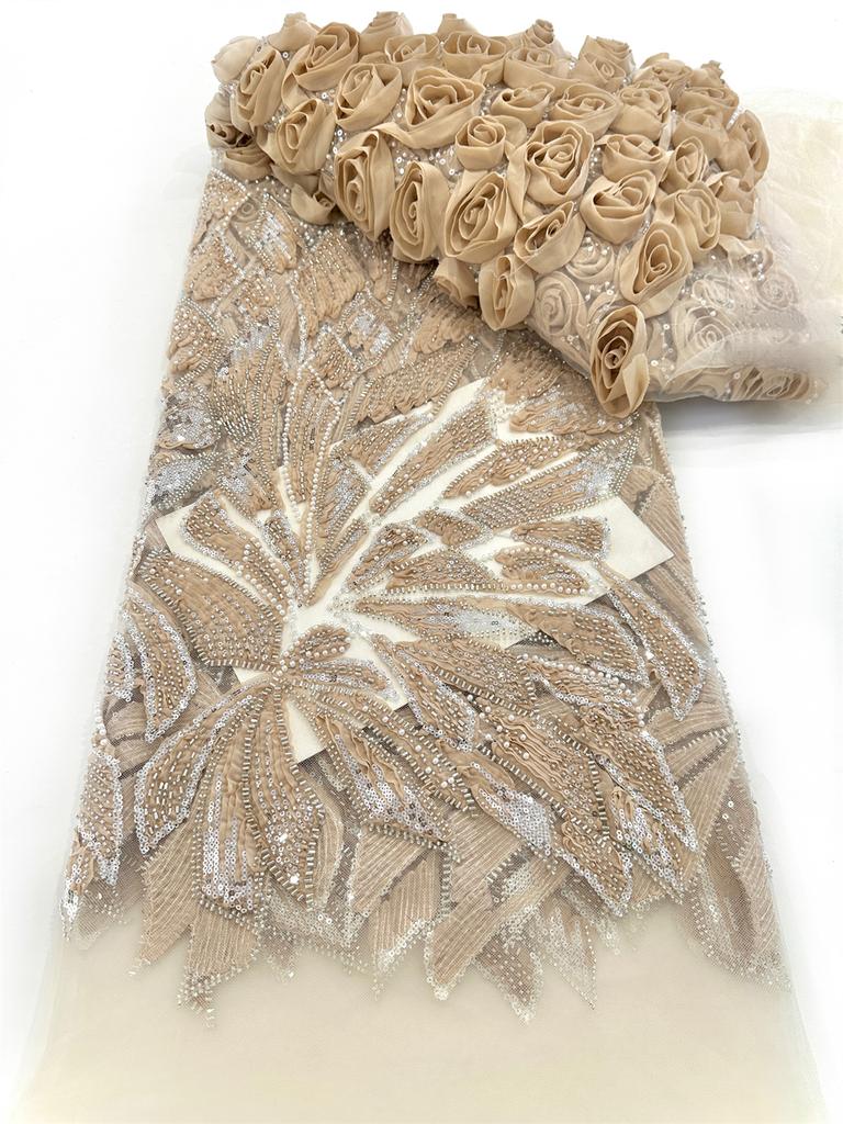 African 3D Flowers Sequin 2025 Latest Hot On Sale African French Party Lace Fabric Tulle Nigerian Beads Fabric For Wedding Dress