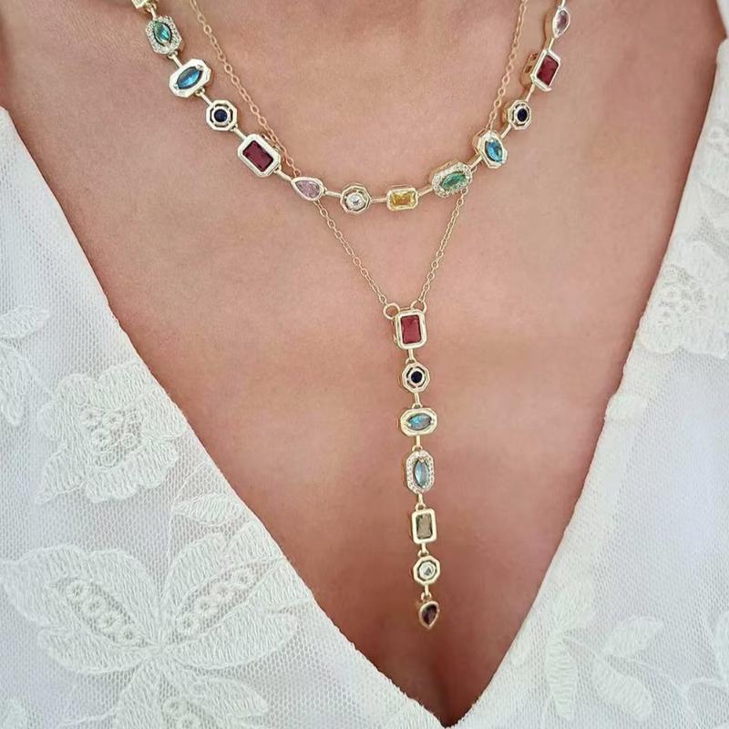 Light Luxury Y-Shaped Long Tassel Necklace For Women Fashion Colorful Zircon Pendant Clavicle Chain Jewelry Party Accessories