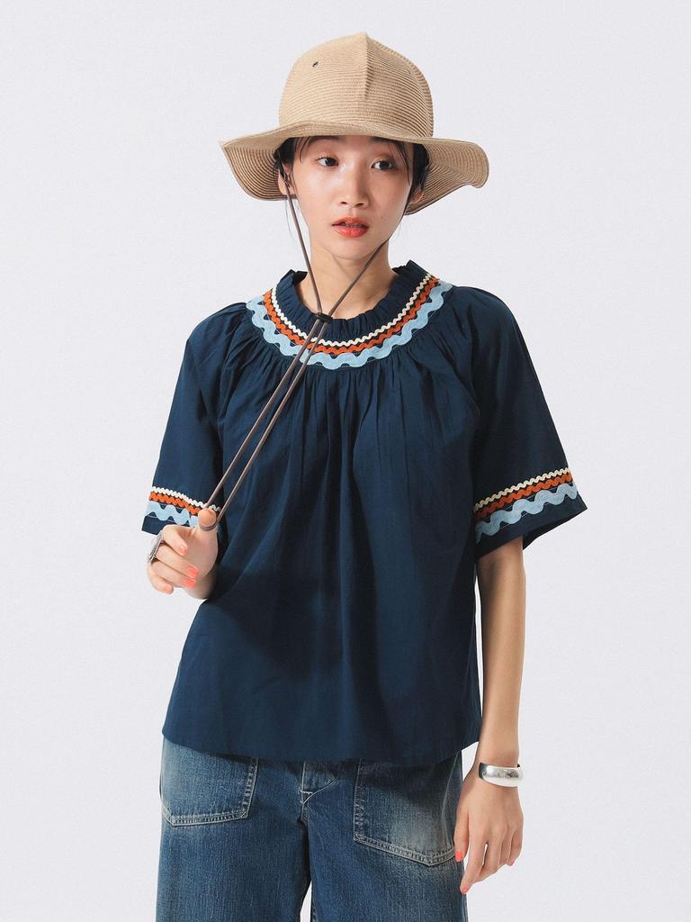 Beams Boy Shirt Trepied Tape Gathered Smock Navy Free S/S [Special Order] Women's