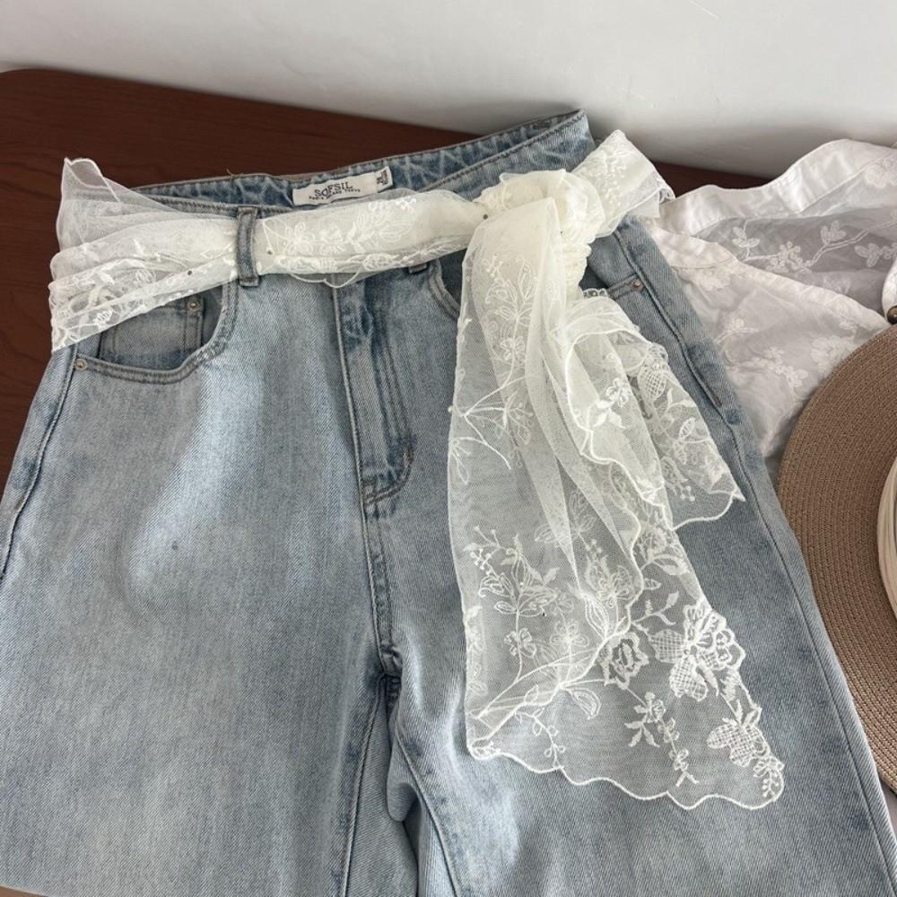 Retro Women's Lace Scarf Korean Version Solid Color Sunscreen Shawl Pearl Embellishment Embroidered Flower Female Headscarf
