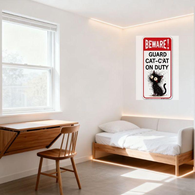 Beware Guard Cat-Cat On Duty Metal Tin Sign, Whimsical Black Cat Spiky Fur Design, Cute Warning Sign for Home Cafe Bar Man Cave