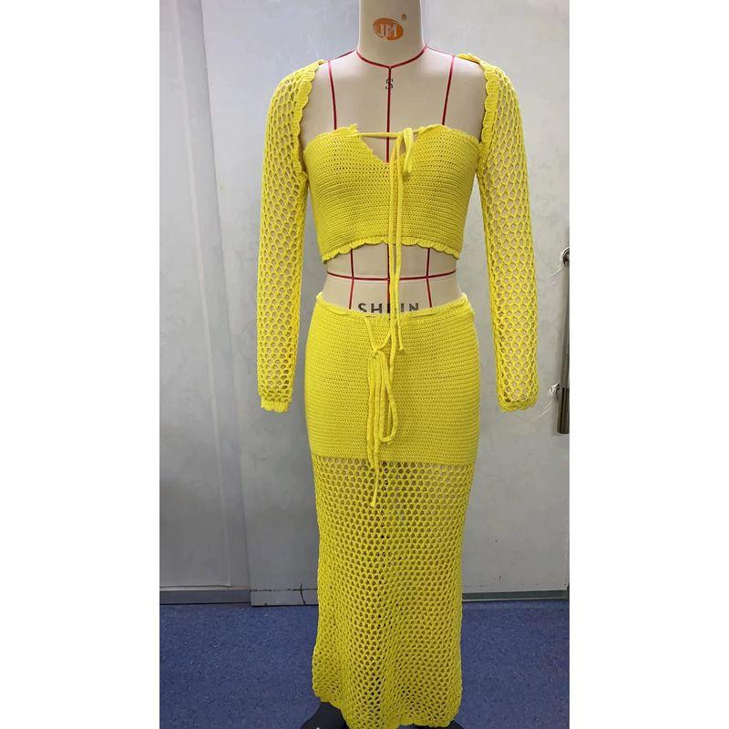 

Elsa European and American Women s Clothing Vacation Style Knitting Three-Piece Set Fashion Chest Wrap Long Sleeves Cardigan Sexy Skirt Suit Women Yellow L