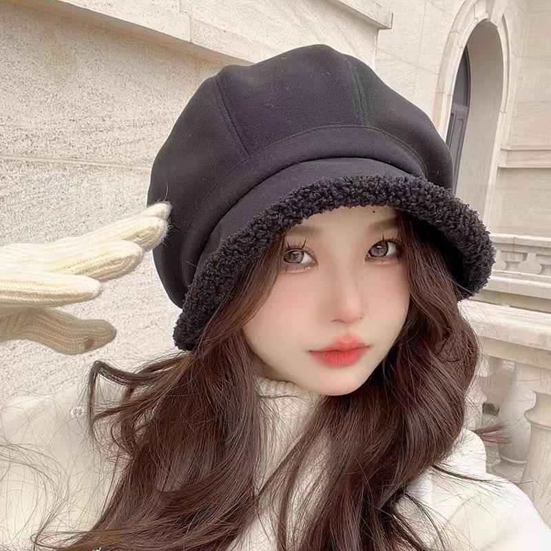 Women Winter Lamb FLeece Beret Hat Solid Color Plush Thicken Warm Octagonal Caps Lady Female Windproof Cowboy Caps Headgear