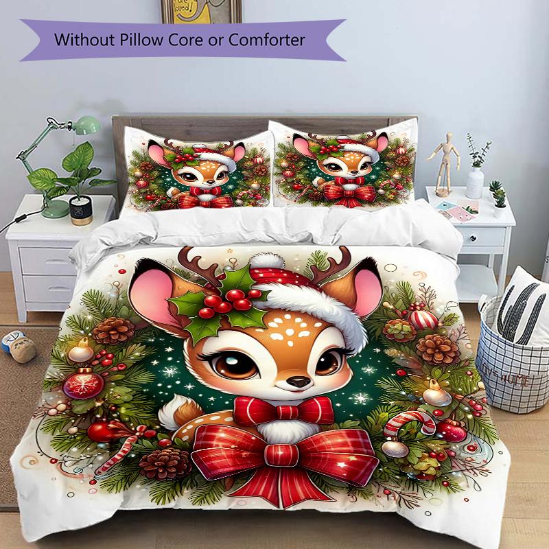 3pcs Christmas Plum Deer Bedding Set - Includes 1 Quilt Cover and 2 Pillowcases, Comfortable Bedding with Stylish Design for Bedroom, Machine Was