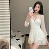 Women's Summer New Slimming Lace Long Sleeve Swimsuit Slim Fit One-Piece Bathing Suit Conservative Style