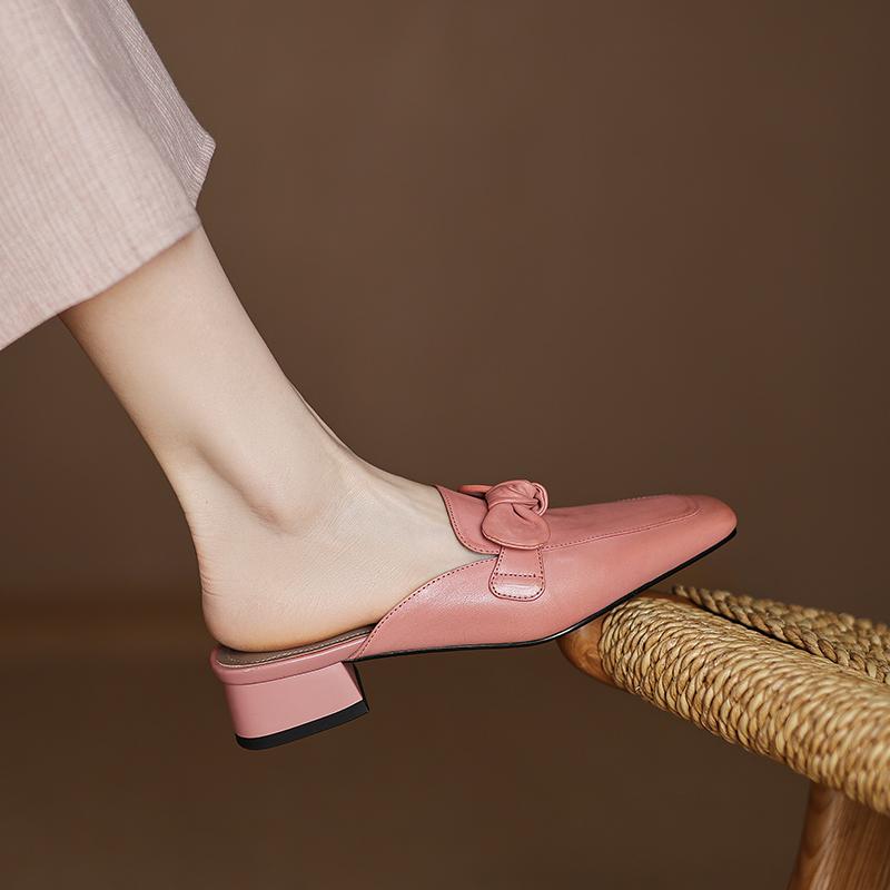Fashion 2025 Women Shoes Genuine Leather Square Toe Women Sandals Solid Modern Sandals for Women Chunky Heel Bowknot Women's Mules Shoes